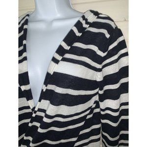 Kenar Sz LARGE Open Cardigan Sweater Linen Navy Blue White Hood Lightweight EUC